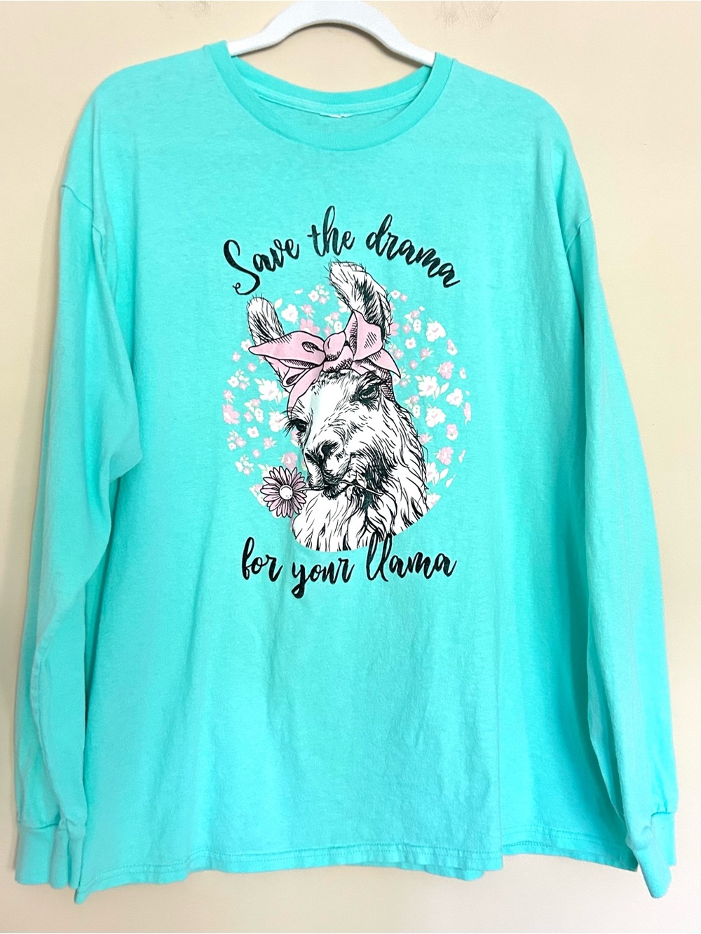 Turquoise / Sea-foam Blue Long-Sleeve Women’s Tee ‘Save the Drama for Your Llama